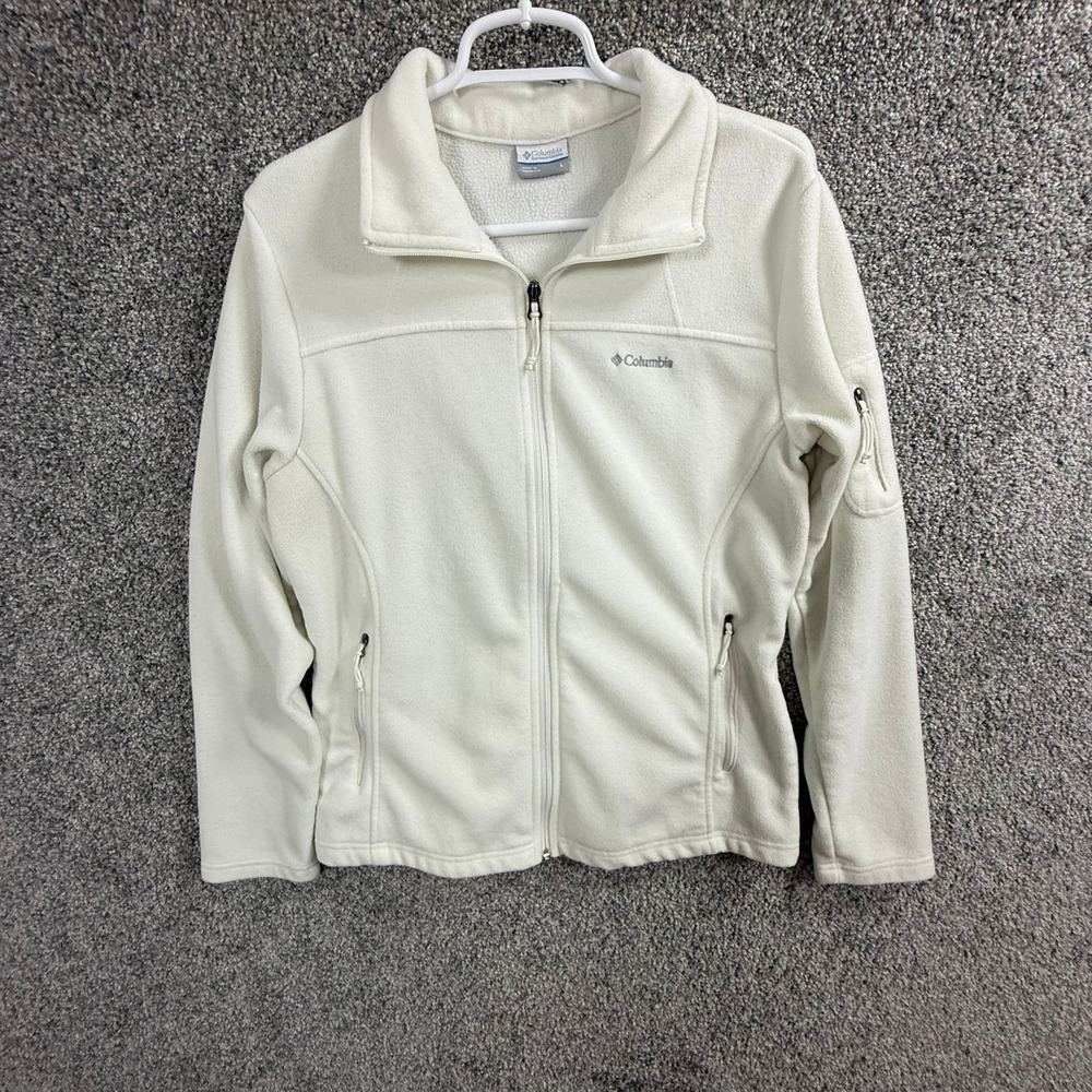 Columbia Womens Full Zip Fleece Jacket Cream White Large Mock Neck Pockets